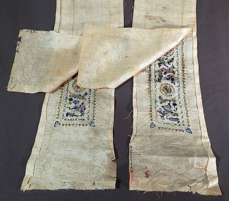 Antique Chinese Crane Bat White Silk Embroidered Robe Sleeve Band Cuff Pair
This matching pair of long embroidered silk bands would have been used on a Manchu robes wide sleeve cuff for added decoration and symbolism. 