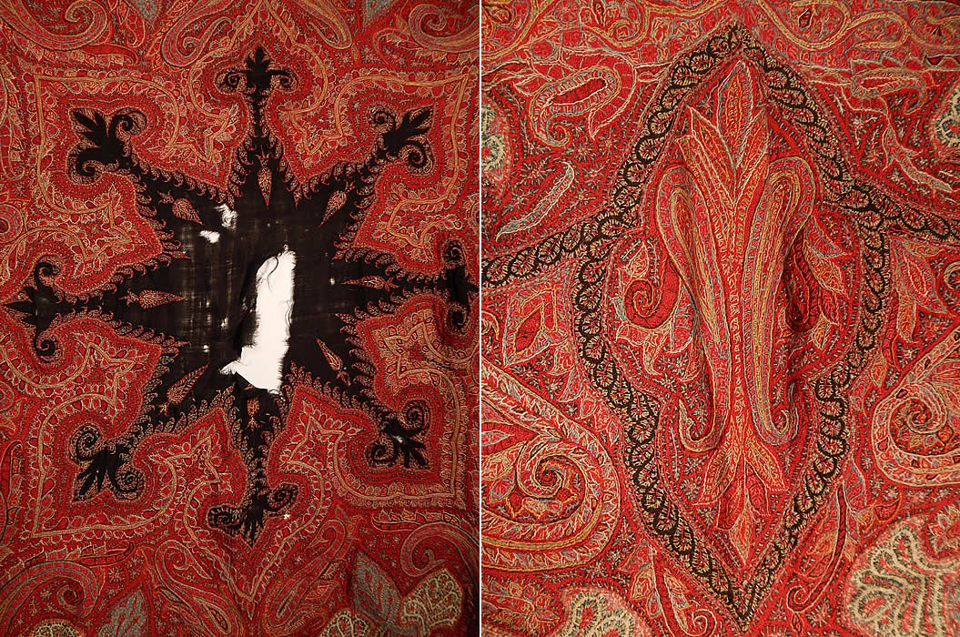Victorian Antique Kashmir Hand Woven Wool Embroidered Pieced Paisley Shawl
This stunning shawl has exquisite workmanship and detail which is all hand embroidered and pieced together by hand in a patchwork of small pieces creating a paisley pine cone shaped tear drop motif known as the boteh and floral leaf designs. 