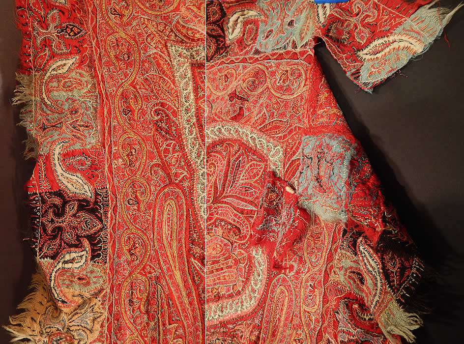 Victorian Antique Kashmir Hand Woven Wool Embroidered Pieced Paisley Shawl
There is a small black wool star center and a decorative hand embroidered fringed border edging surrounding the shawl. These paisley shawls were made in Kashmir, Persia and India.