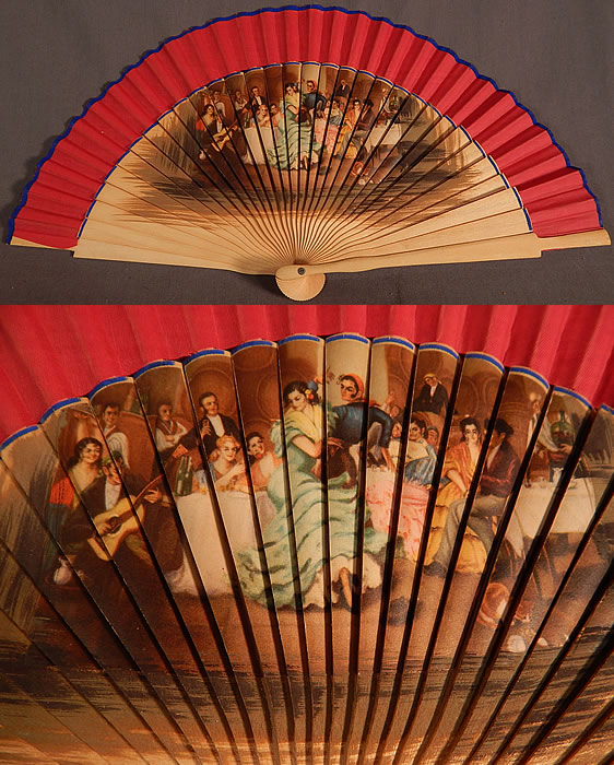 Vintage Spanish Flamenco Dancer Wood Transfer Print Pleated Fabric Folding Fan
The fan measures 9 inches long and 16 inches wide when opened. It is in excellent condition. This is truly a wonderful piece of Spanish Flamenco fan art! 