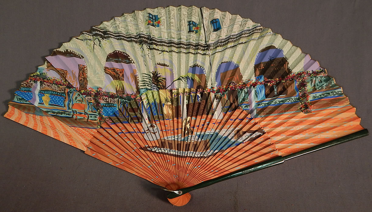 Vintage Hand Painted Spanish Courtyard Pleated Paper Spain Souvenir Folding Fan
This vintage hand painted Spanish courtyard pleated paper Spain Souvenir folding fan dates from the 1930s. 