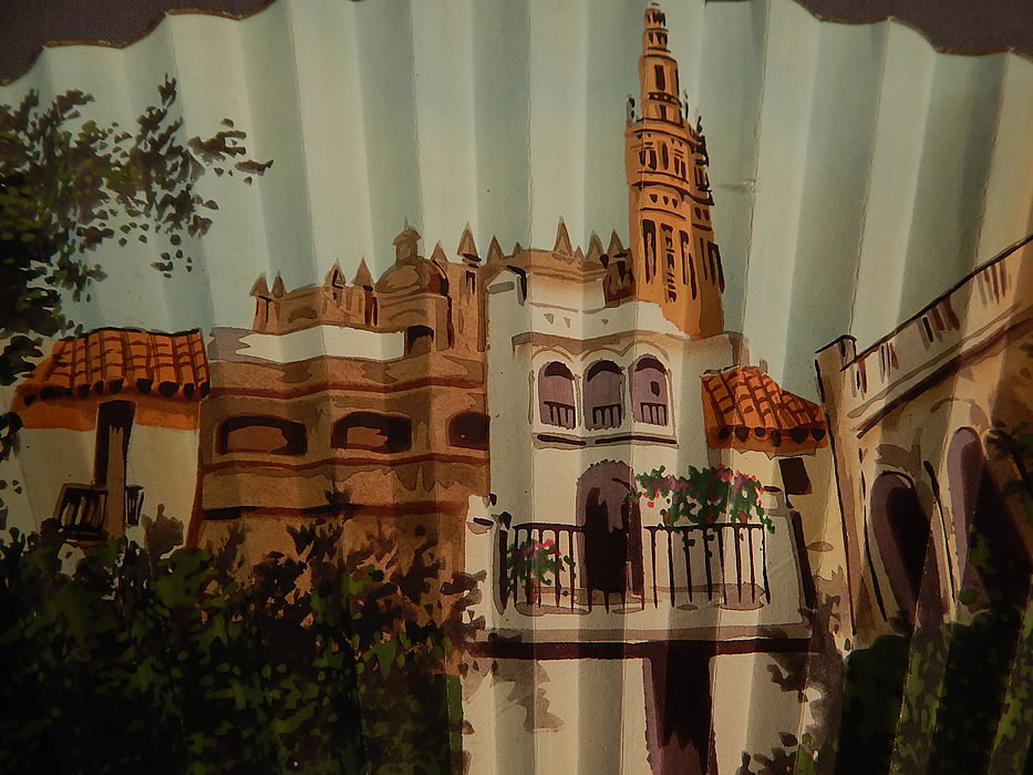Vintage Hand Painted Pleated Paper Seville Spain Cathedral Souvenir Folding Fan
It is made of pleated paper completely hand painted with a colorful Spanish scene of the Seville Cathedral of Saint Mary of the See and gold foil trim edging along the top. 