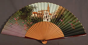 Vintage Hand Painted Pleated Paper Seville Spain Cathedral Souvenir Folding Fan 
