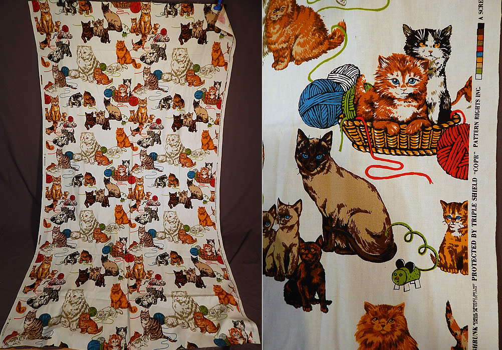 Vintage Unused Cotton Canvas Kitty Cat Kitten Novelty Screen Print Fabric Yardage
This vintage unused cotton canvas kitty cat kitten novelty screen print fabric yardage dates from the 1960s. It is made of a white cotton canvas heavy woven fabric, with a colorful silk screen print of a variety of adorable kitty cats kittens novelty print design. 