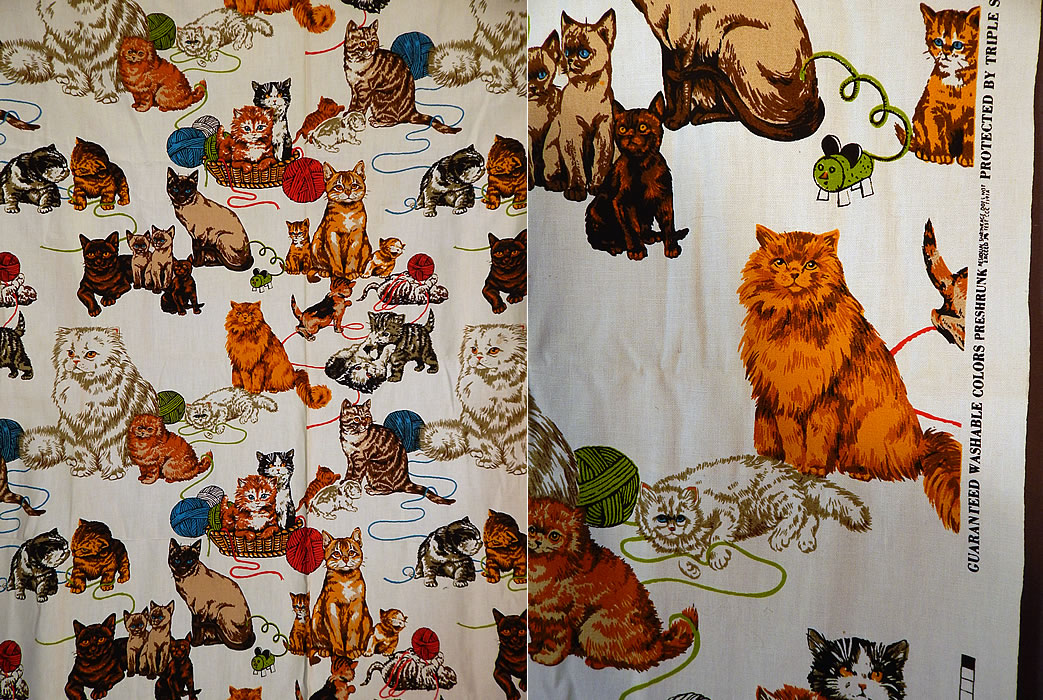 Vintage Unused Cotton Canvas Kitty Cat Kitten Novelty Screen Print Fabric Yardage
This cute cat fabric has a "Protected by Triple Shield Corp. Pattern Rights, Inc. A Screen Print" label stamped along the side selvage. The fabric measures 84 inches long and 50 inches wide. It is in excellent, unused condition,. This is truly a wonderful whimsical fabric purrfect for cat lovers!