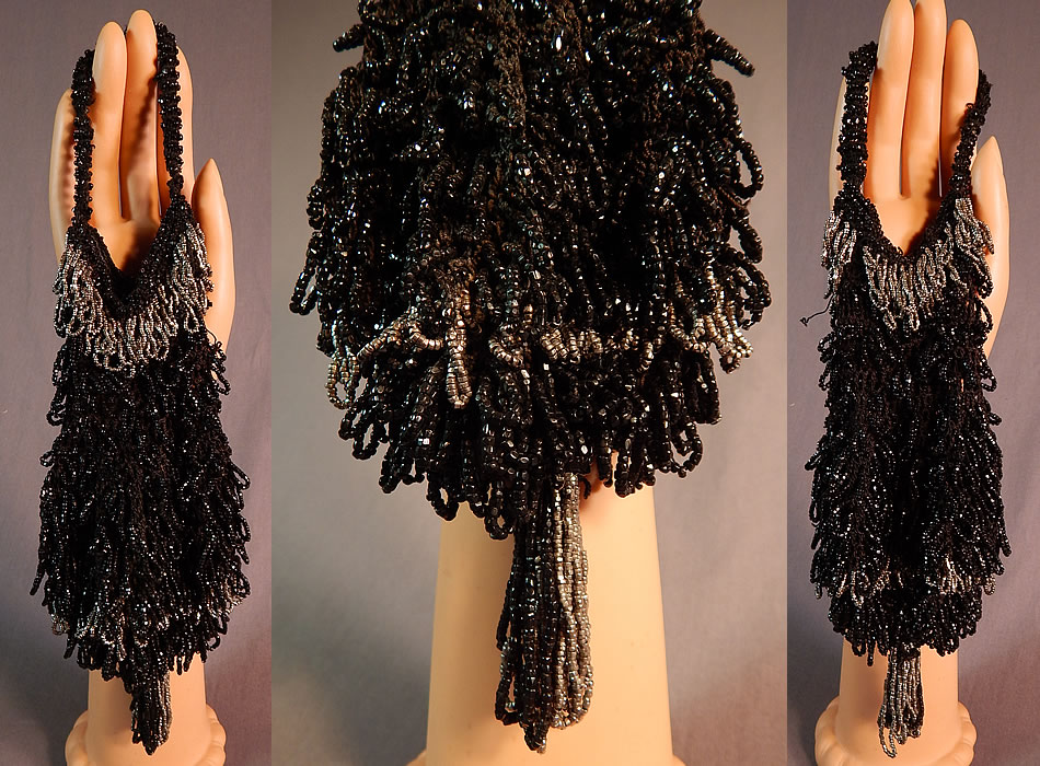 Vintage Art Deco Black Crochet Jet Silver Steel Cut Beaded Drawstring Flapper Purse
This vintage Art Deco black crochet jet, silver steel cut beaded drawstring flapper purse dates from the 1920s. It is made of a hand knit black crochet covered with black jet beads and silver steel cut beads done in a decorative looped fringe design
