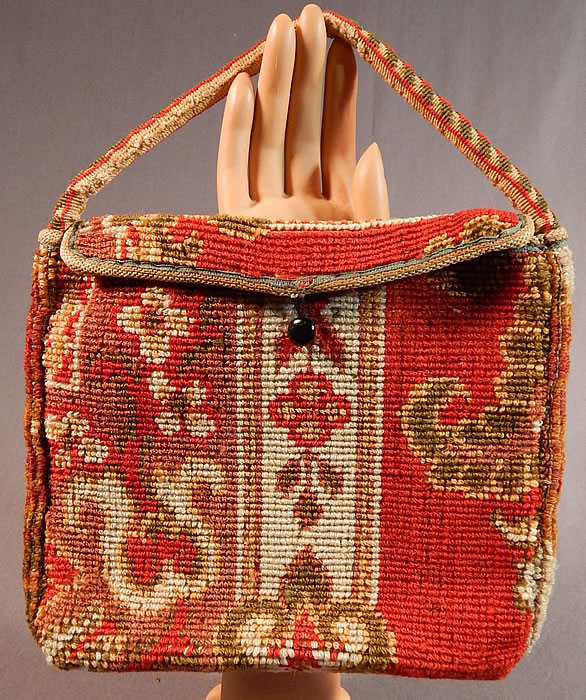 Victorian Antique Civil War Era Wool Mohair Carpet Bag Sewing Notions Purse
This antique Victorian Civil War era wool mohair carpet bag sewing notions purse dates from the 1860s. It is made of a colorful floral striped pattern design wool mohair carpet pile fabric, with beige braided rope trim edging. 