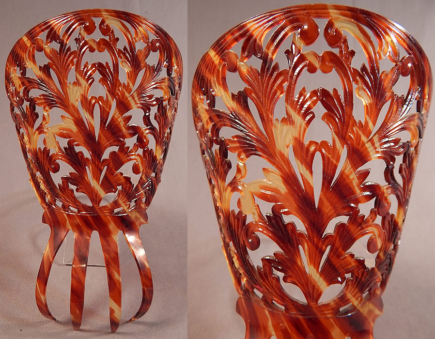 Vintage Large Celluloid Faux Tortoiseshell Spanish Flamenco Mantilla Peineta Hair Comb
This vintage large celluloid faux tortoiseshell Spanish flamenco mantilla peineta hair comb dates from the 1920s. It is made of a faux tortoiseshell color celluloid plastic, with a decorative filigree open work designs.