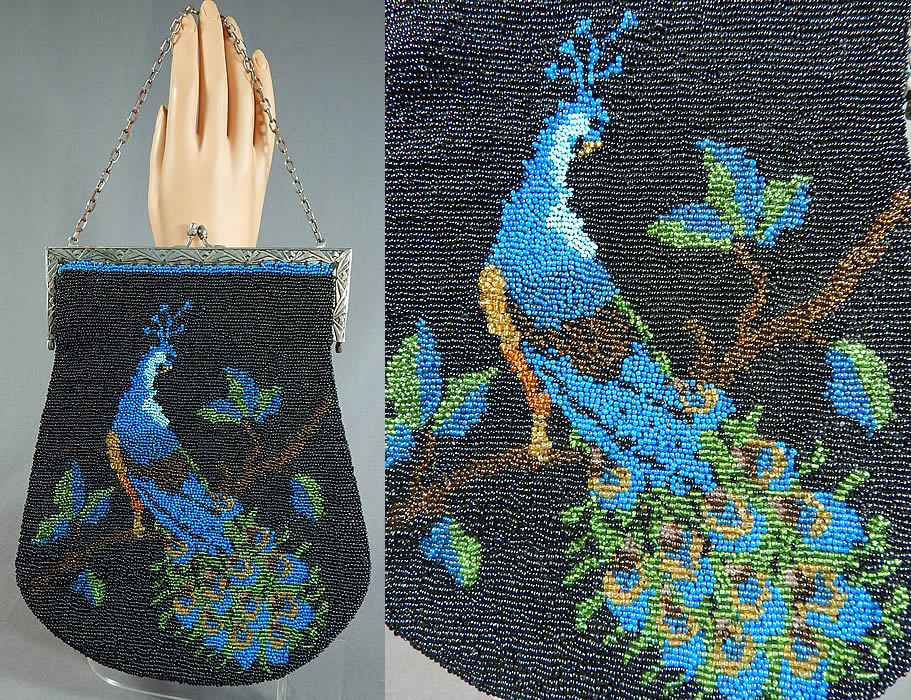 Antique Art Deco Blue Peacock Bird Beaded Figural Flapper Purse
This antique Art Deco blue peacock bird beaded figural flapper purse dates from the 1920s. It is hand beaded with a black bead background and a beautiful beaded blue green peacock bird figural design done on both sides sitting on a leafy branch.