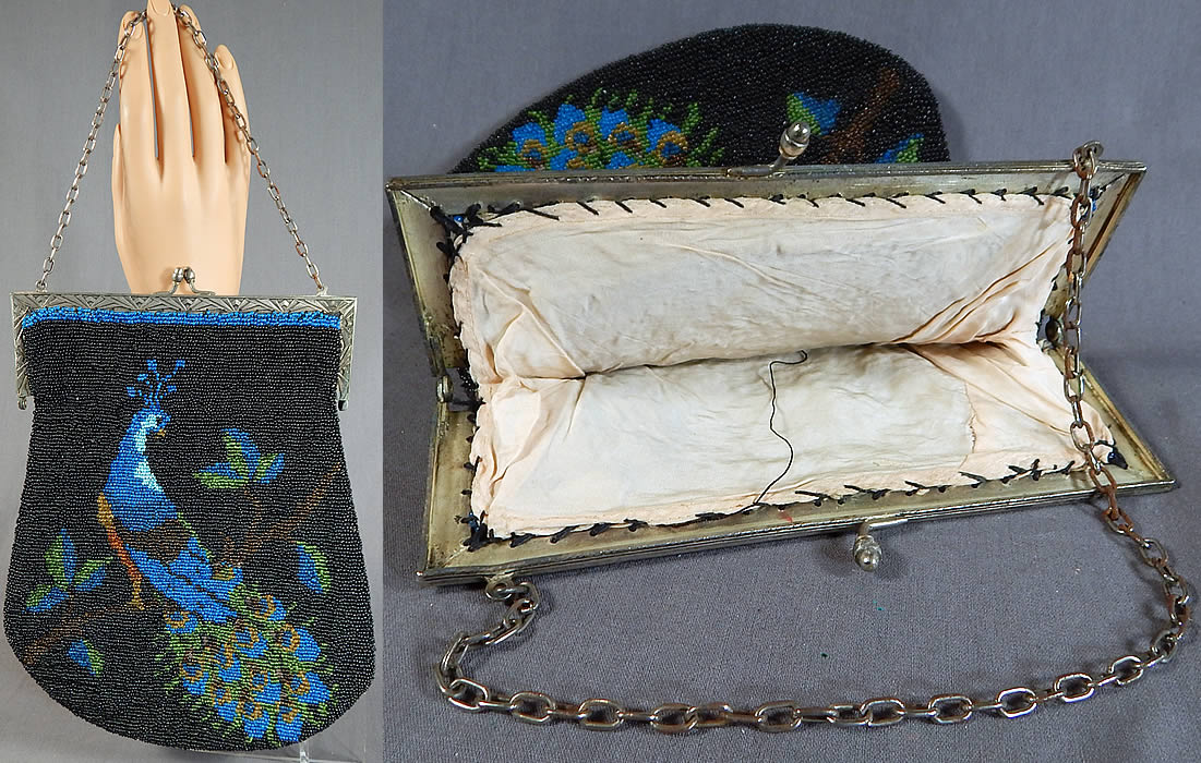 Antique Art Deco Blue Peacock Bird Beaded Figural Flapper Purse
This fabulous flapper handbag purse has an engraved silver plate metal frame with an Art Deco geometric design pattern, ball clasp closure on top, chain link strap and is lined in a blush pink nude color silk fabric inside.