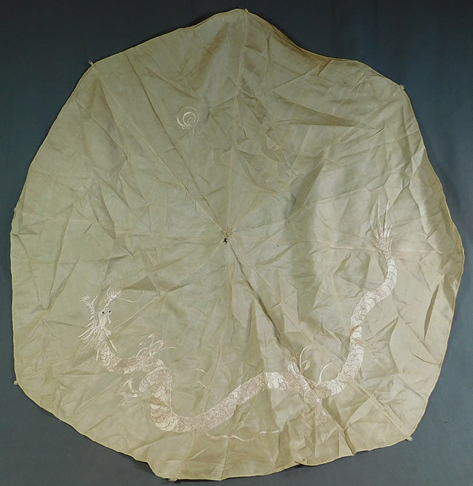 Edwardian Embroidered Japanese Dragon Pongee Raw Silk Parasol Fabric Cover
The circular fabric measures 35 inches wide across, 16 1/2 inches long from the center and is 106 inches in circumference.
