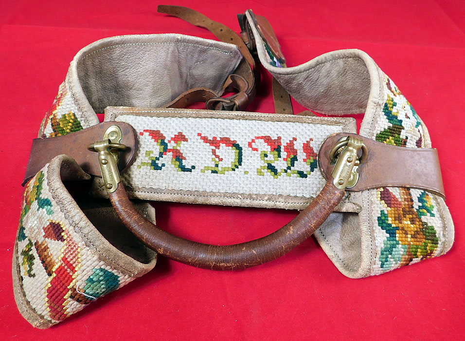 Victorian Antique Riley & Lyn Patent 1870 Needlepoint Leather Strap Bedroll
This beautiful bedroll braces used for traveling and holding bedding blankets has adjustable buckle strap closures underneath and a sturdy leather strap handle on top for carrying with gold brass fixtures stamped "Riley & Lyn Patent 1870". 
