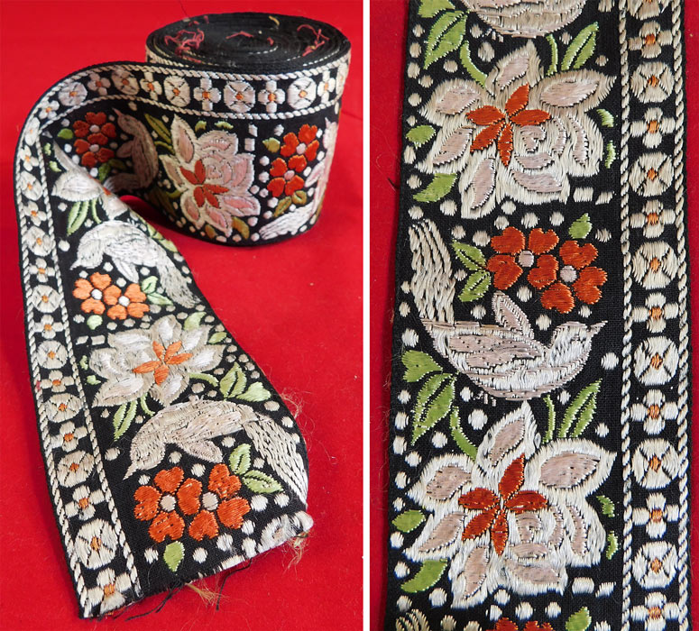 Vintage Asian Colorful Silk Damask Weave Floral Bird Polka Dot Ribbon Trim
This opulent Oriental style ribbon yardage would have been used as millinery or dress trim, it is unlined and not backed. The trim measures 169 inches long and 2 1/4 inches wide, with over 4 yards ready to be used. It is in excellent condition. This is truly a wonderful piece of textile trim art! 