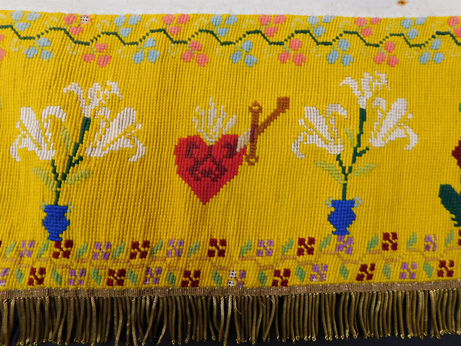 Antique Religious Catholic Altar Cloth Valance Needlepoint Embroidery Sacred Heart
There is gold metallic bullion fringe trim along the bottom edging and on one side. 