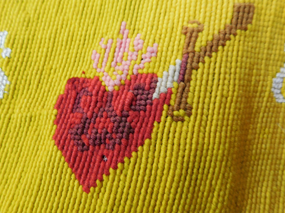 Antique Religious Catholic Altar Cloth Valance Needlepoint Embroidery Sacred Heart
This religious Roman Catholic church altar cloth valance banner half has a cotton canvas top trim, backed and lined in a sheer cotton muslin fabric. The textile measures 36 inches long, 8 inches wide, with 1 inch gold bullion fringe trim.