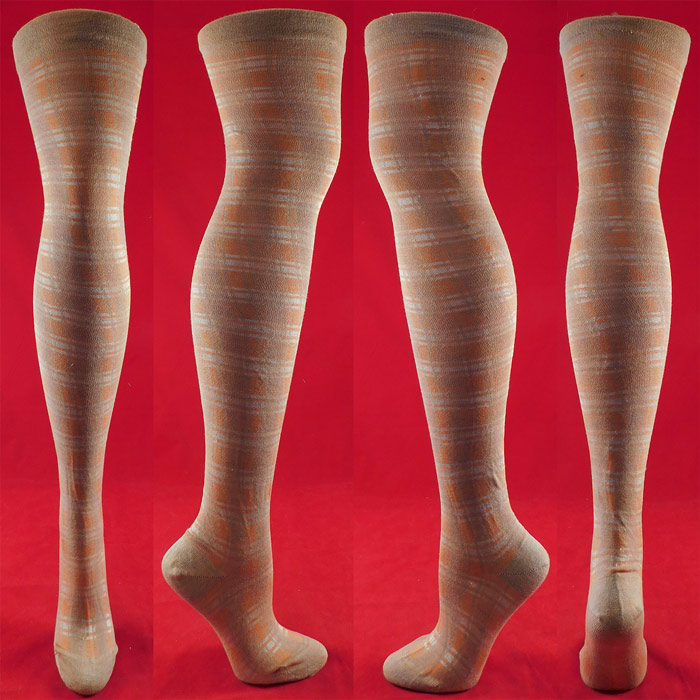 Victorian Wool Peach Beige White Check Plaid Pattern Thigh High Stockings Socks
This pair of antique Victorian era wool peach, beige and white check plaid pattern thigh high stockings socks date from 1900. They are made of a tricolor pastel peach, beige and white wool knit fabric with a woven striped checked plaid pattern design. 