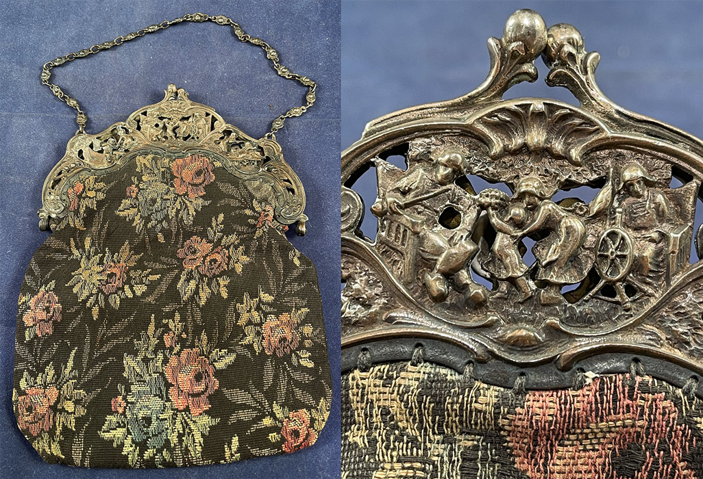 Antique Dutch Figural Fishing Boat Silver Plate Repousse Cutwork Frame Tapestry Purse
The purse measures 9 inches long, 7 inches wide and has a 16 inch long chain strap. 