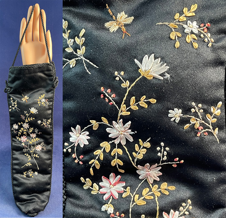 Victorian Silk Rosette Ribbon Embroidery Dragonfly Floral Fan Bag Pouch Purse
This antique Victorian era silk rosette ribbon embroidery dragonfly floral fan bag pouch purse dates from 1900. It is made of a black silk fabric, with pastel silk ombre rosette ribbon work, French knot, embroidery work of tiny flowers and a dragonfly. 