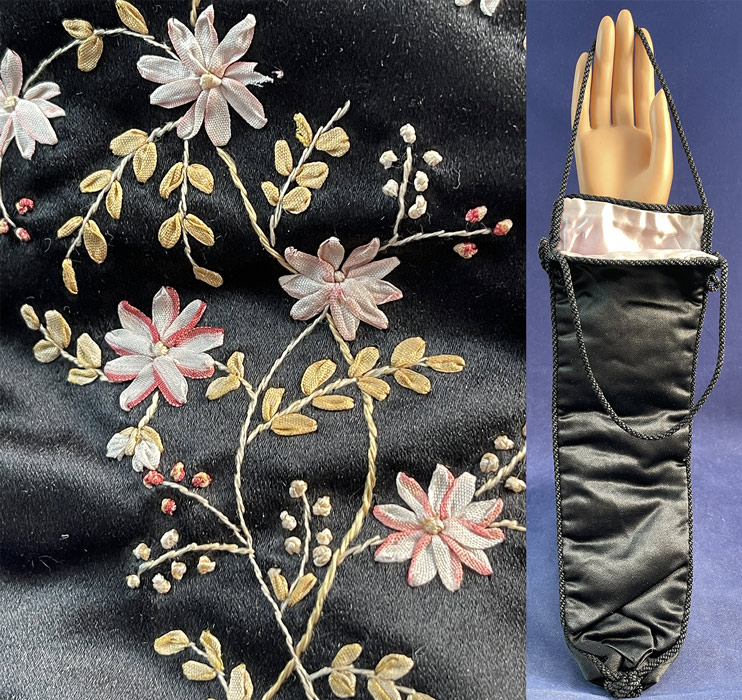 Victorian Silk Rosette Ribbon Embroidery Dragonfly Floral Fan Bag Pouch Purse
The bag measures 13 inches long and is 4 inches wide. It is in excellent condition. This is truly an exceptional piece of antique Victoriana rosette ribbon work art!